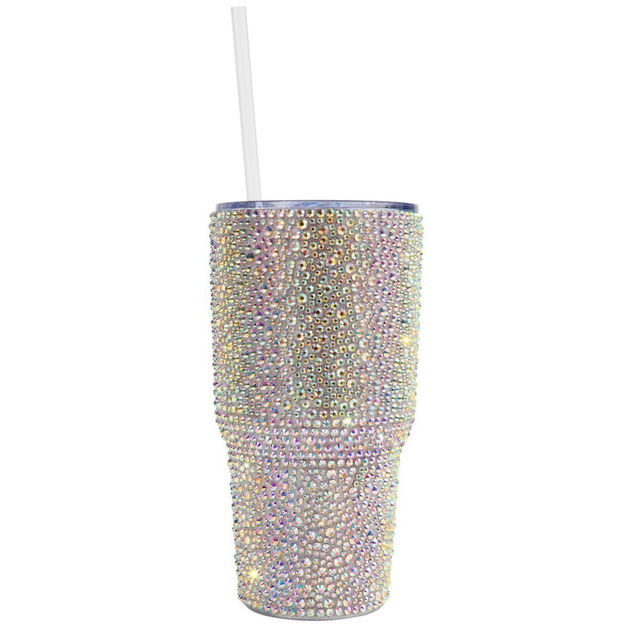 Rhinestone-encrusted double-walled stainless steel tumbler with a clear straw featuring a shimmering iridescent finish.