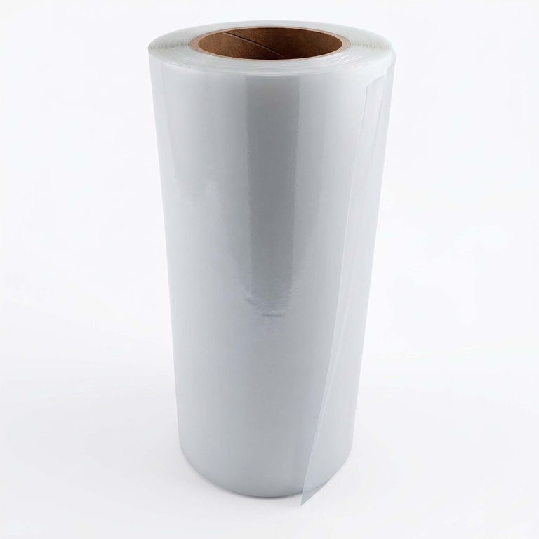 White roll of decal material with a smooth texture and a brown cardboard core partially unrolled at the edge.