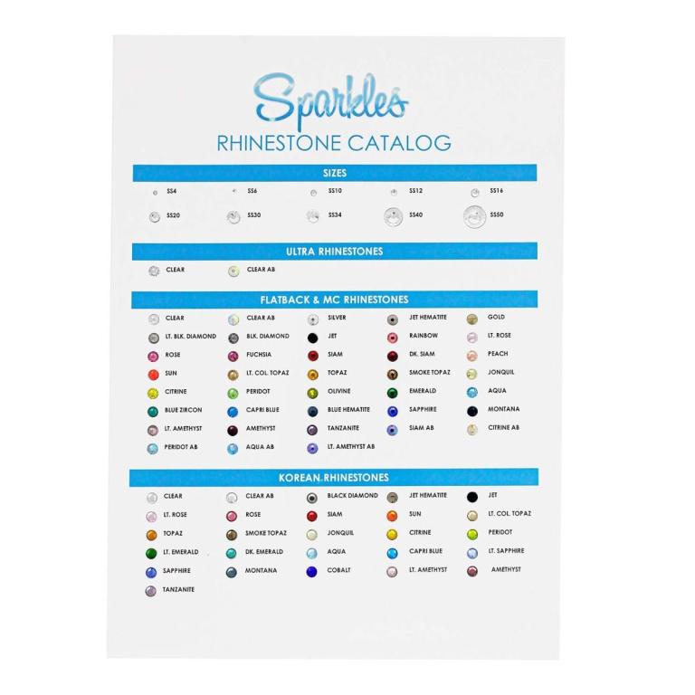 Rhinestone catalog card featuring a white background blue headers and colorful rhinestone samples in various shapes and sizes.