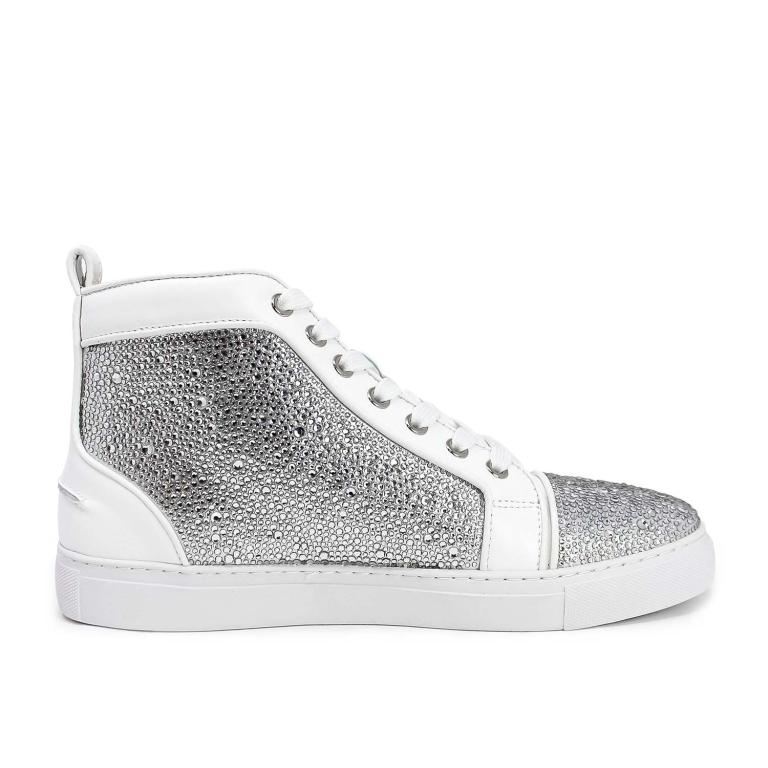 High-top sneakers with silver glass rhinestones white leather and suede rounded toe and flat rubber sole.