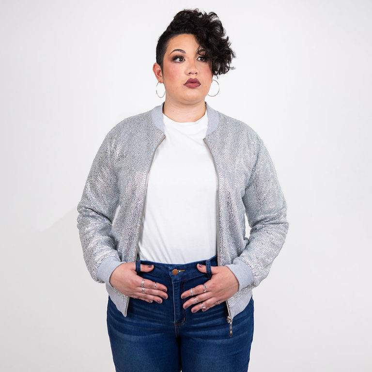 Strass Rhinestone Bomber Jacket - Silver - Extra Large