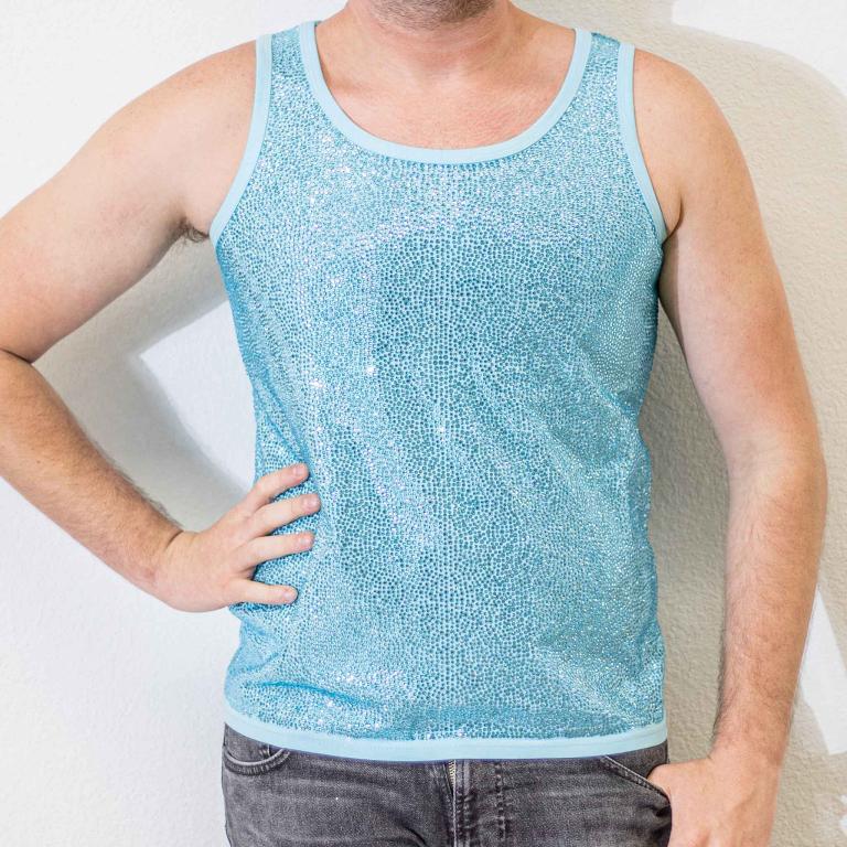 Aqua&#x20;tank&#x20;top&#x20;with&#x20;a&#x20;straight&#x20;fit&#x20;covered&#x20;in&#x20;glass&#x20;rhinestones&#x20;and&#x20;trimmed&#x20;with&#x20;light&#x20;blue&#x20;around&#x20;the&#x20;neckline&#x20;and&#x20;armholes.