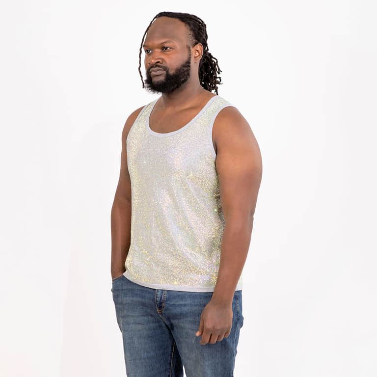 Iridescent tank top with a straight fit covered in glass rhinestones featuring a light gray trim and made from a cotton blend.