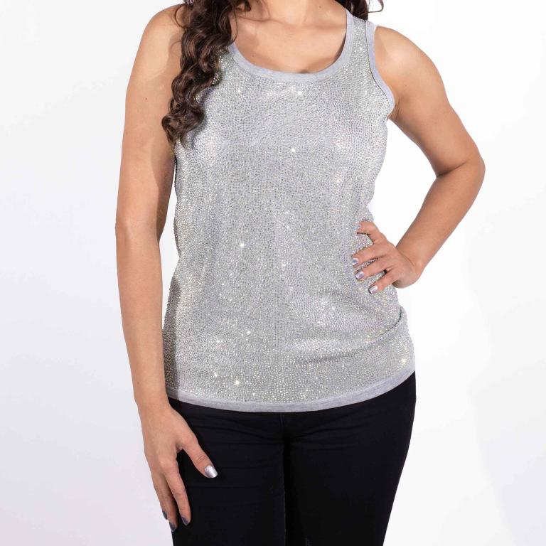 Silver tank top covered in glass rhinestones with a straight-fit design and a soft cotton blend texture.