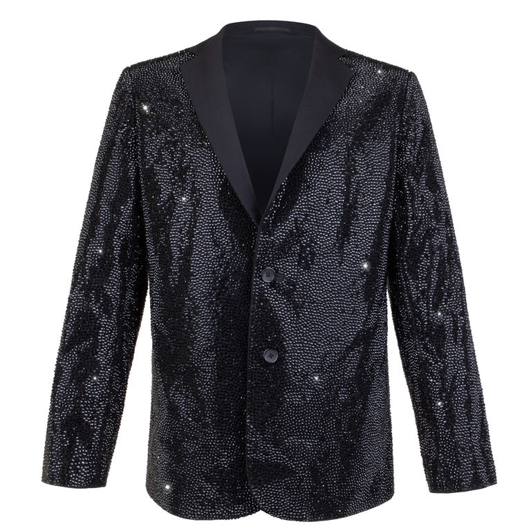 Black&#x20;blazer&#x20;covered&#x20;in&#x20;shimmering&#x20;black&#x20;rhinestones&#x20;featuring&#x20;a&#x20;satin&#x20;black&#x20;lapel&#x20;and&#x20;two&#x20;buttons&#x20;on&#x20;the&#x20;front.