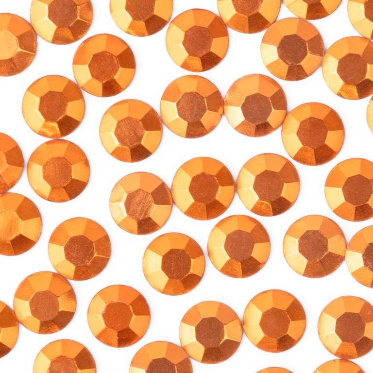 Round faceted rhinestones in a vibrant orange hue with a glossy finish and a flat back for adhesion.