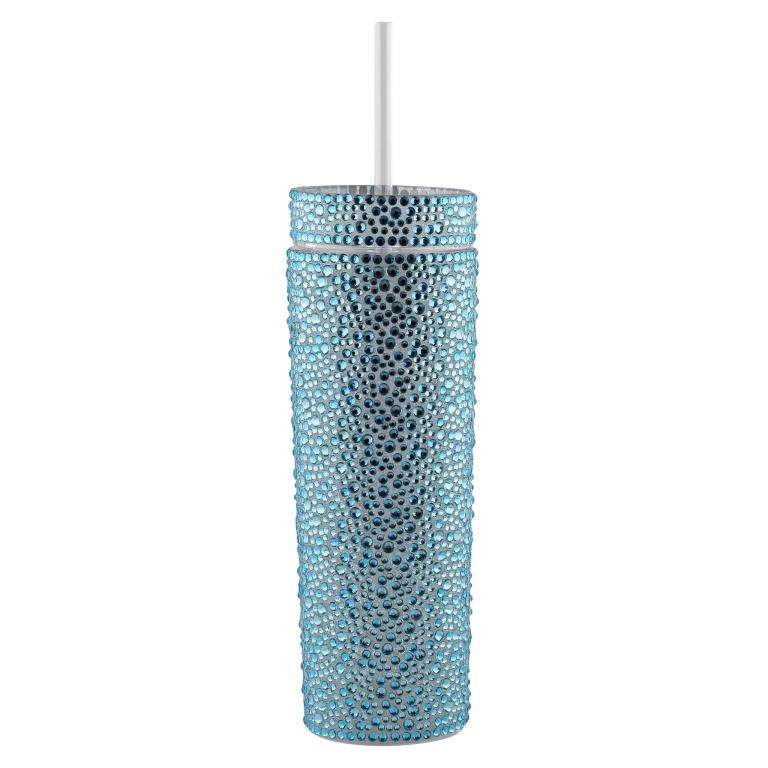 Aqua tumbler covered in rhinestones with a smooth texture and a white straw cylindrical shape 16oz capacity.