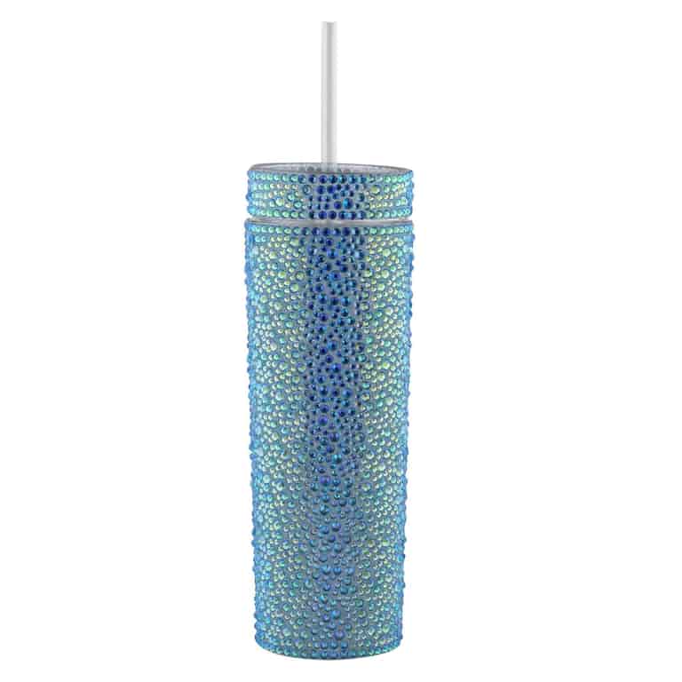 Aqua iridescent tumbler covered in blue and green rhinestones with a white straw and smooth cylindrical shape.