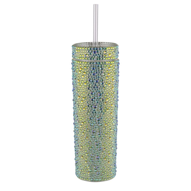 Lime&#x20;iridescent&#x20;tumbler&#x20;covered&#x20;in&#x20;rhinestones&#x20;with&#x20;a&#x20;clear&#x20;straw&#x20;cylindrical&#x20;shape&#x20;and&#x20;textured&#x20;surface.