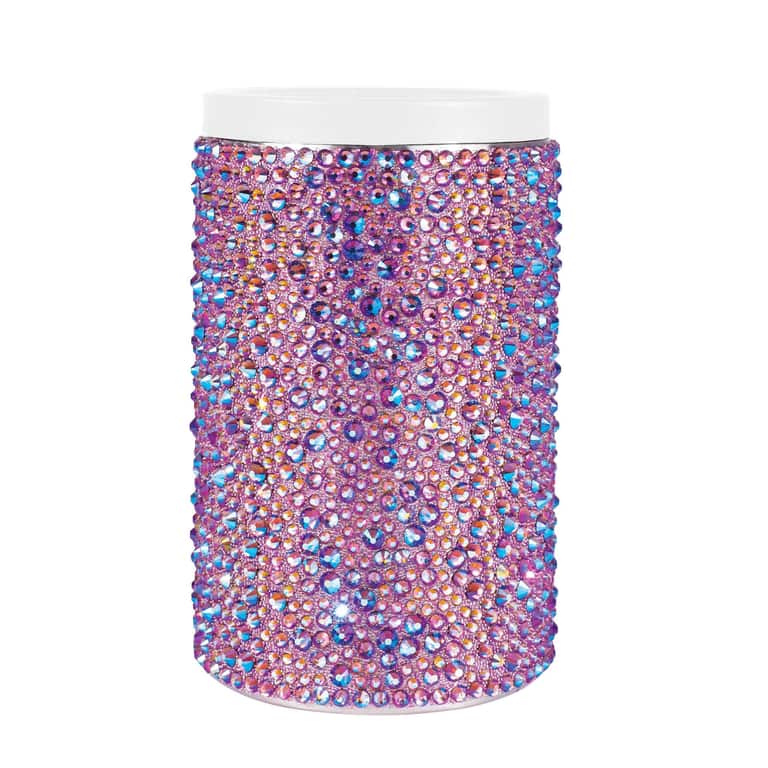 Lavender iridescent stainless steel can insulator adorned with glass rhinestones and a white acrylic lid.