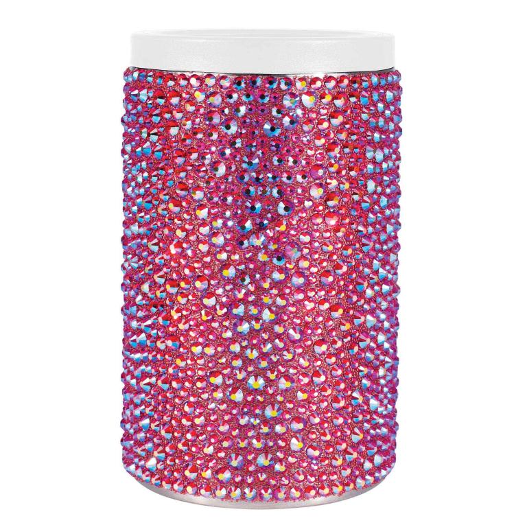 Red iridescent stainless steel can insulator covered in glass rhinestones with a white acrylic lid.