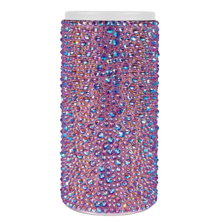 Tall can insulator covered in lavender iridescent crystals with a smooth white top and a shiny stainless steel base.