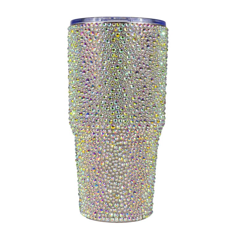 Silver iridescent stainless steel tumbler covered in rhinestones with a smooth shiny finish and a tapered shape.