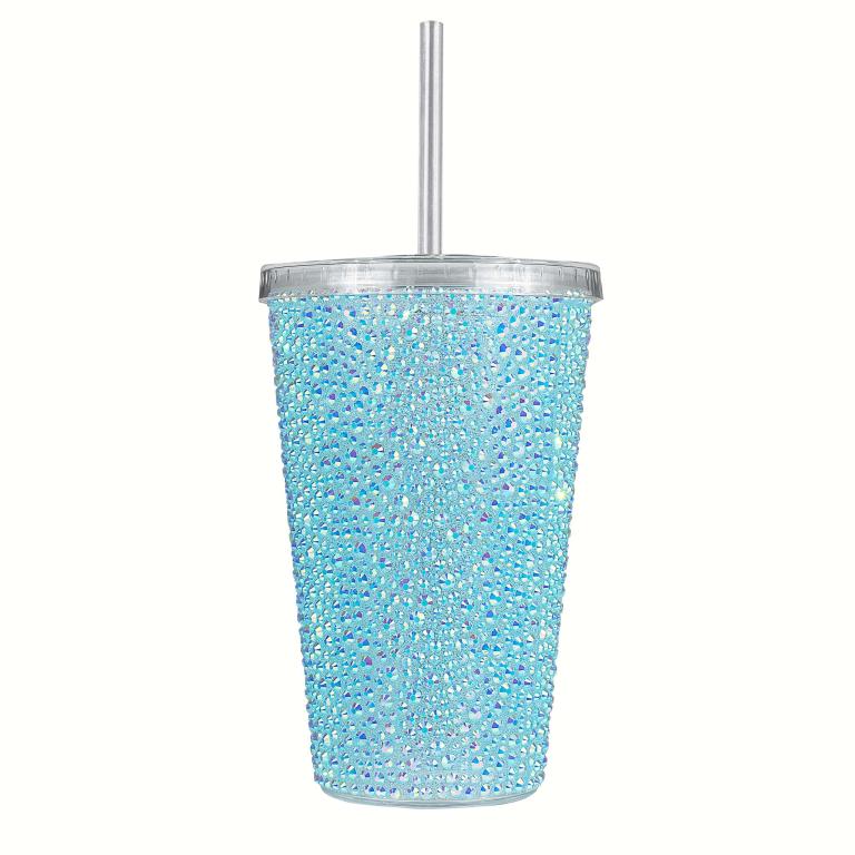 Aqua iridescent tumbler covered in rhinestones with a silver lid and straw made of BPA-free acrylic 16 oz capacity.