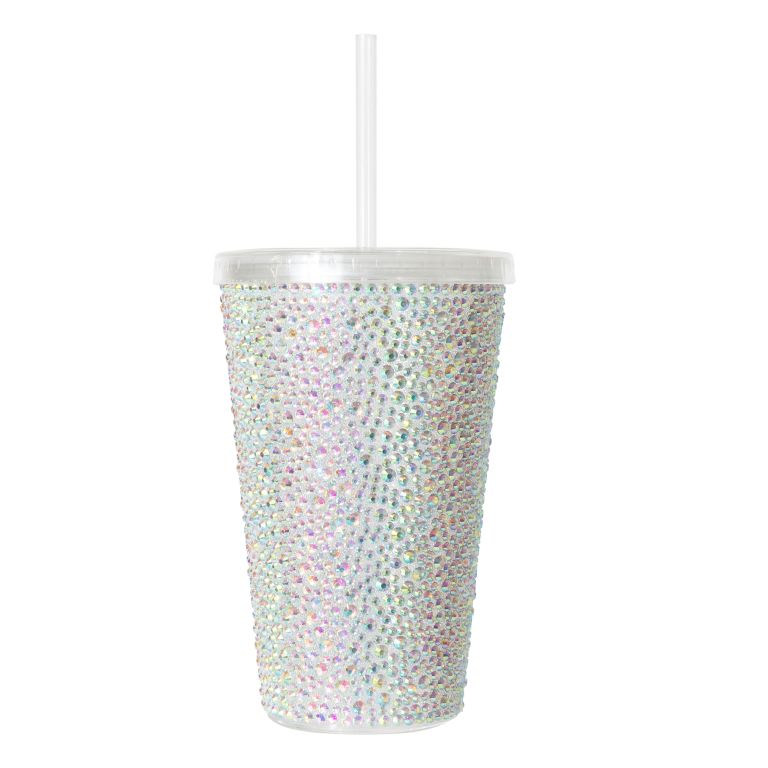 A tall silver iridescent tumbler covered in rhinestones with a clear lid and straw made from BPA-free acrylic.
