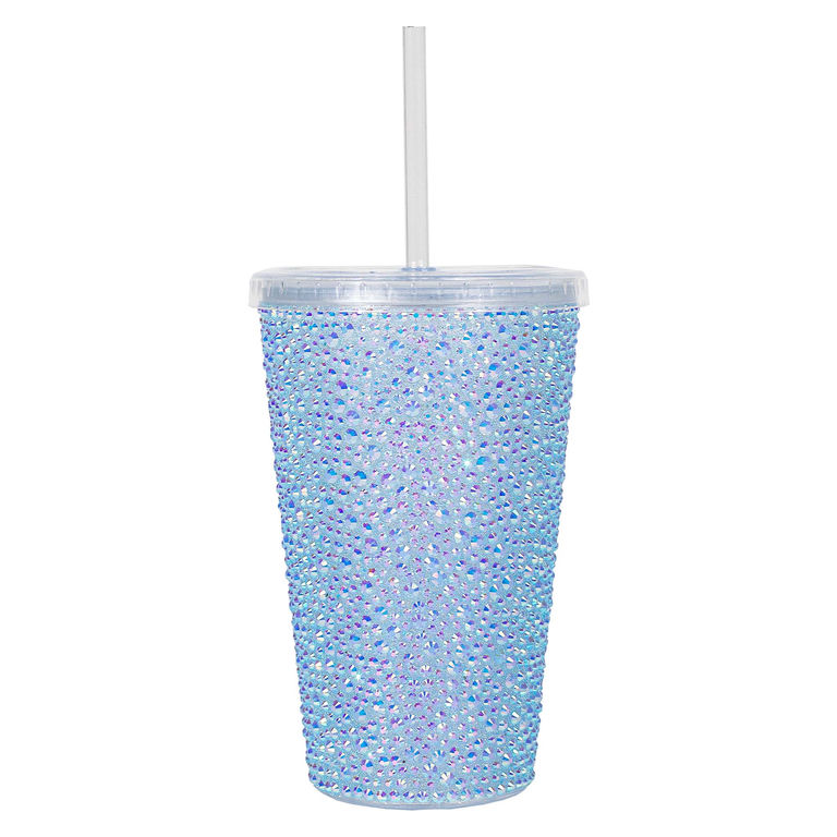 Light blue iridescent acrylic tumbler with rhinestone embellishments clear lid and straw featuring a tapered shape.