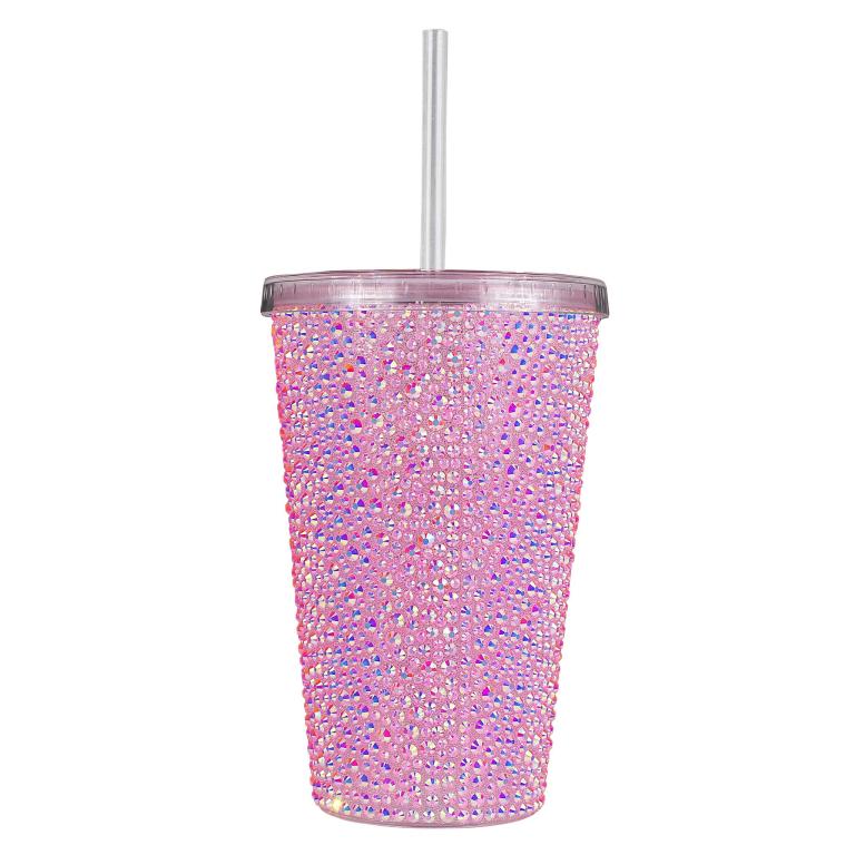 Pink iridescent acrylic tumbler with rhinestone embellishments clear lid and straw featuring a textured surface and cylindrical shape.