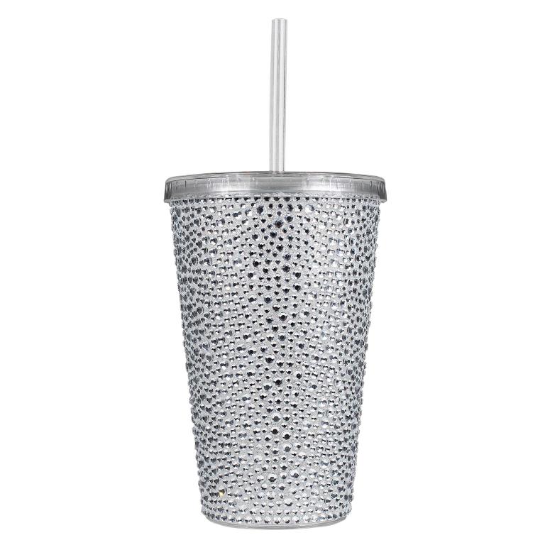 Silver acrylic tumbler with rhinestone embellishments clear lid and straw featuring a wide cylindrical shape.