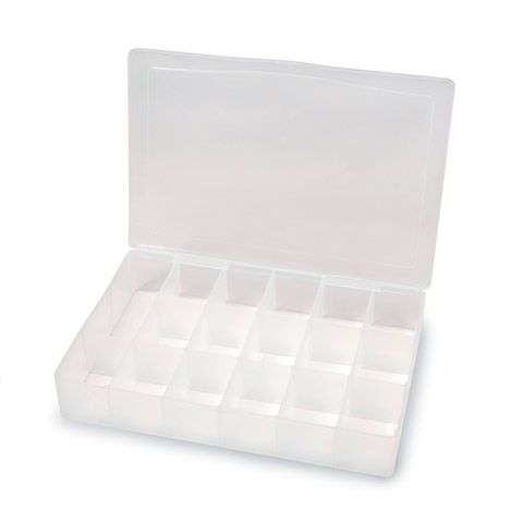 Clear plastic organizing box with multiple small compartments and a hinged lid.