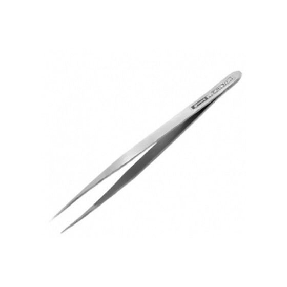 Stainless steel tweezers with a sleek silver finish and pointed tips featuring a subtle rhinestone embellishment on the handle.