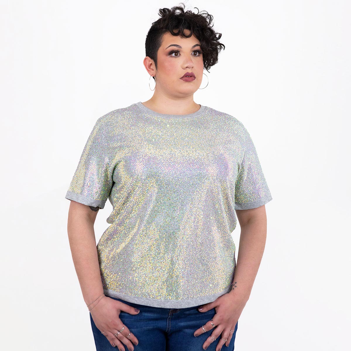 Strass Rhinestone T-Shirt Iridescent Large Glam Tee | Sparkles