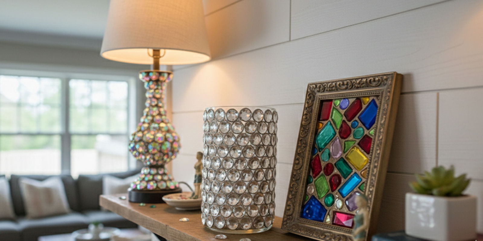 Decor&amp;&#x23;x20&#x3B;shelf&amp;&#x23;x20&#x3B;with&amp;&#x23;x20&#x3B;a&amp;&#x23;x20&#x3B;crystal&amp;&#x23;x20&#x3B;bead&amp;&#x23;x20&#x3B;vase,&amp;&#x23;x20&#x3B;jeweled&amp;&#x23;x20&#x3B;lamp,&amp;&#x23;x20&#x3B;and&amp;&#x23;x20&#x3B;colorful&amp;&#x23;x20&#x3B;mosaic&amp;&#x23;x20&#x3B;frame