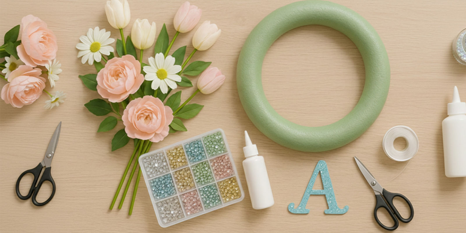 Spring&amp;&#x23;x20&#x3B;wreath&amp;&#x23;x20&#x3B;supplies&amp;&#x23;x20&#x3B;with&amp;&#x23;x20&#x3B;pastel&amp;&#x23;x20&#x3B;flowers,&amp;&#x23;x20&#x3B;rhinestones,&amp;&#x23;x20&#x3B;and&amp;&#x23;x20&#x3B;a&amp;&#x23;x20&#x3B;glitter&amp;&#x23;x20&#x3B;letter&amp;&#x23;x20&#x3B;A