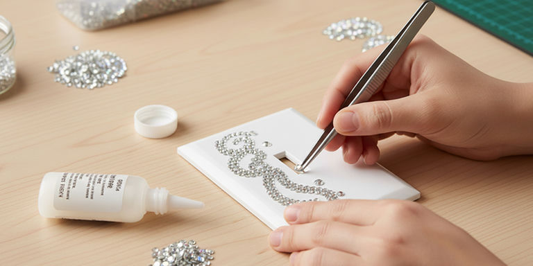 Hand placing rhinestones on a white light switch plate with tweezers