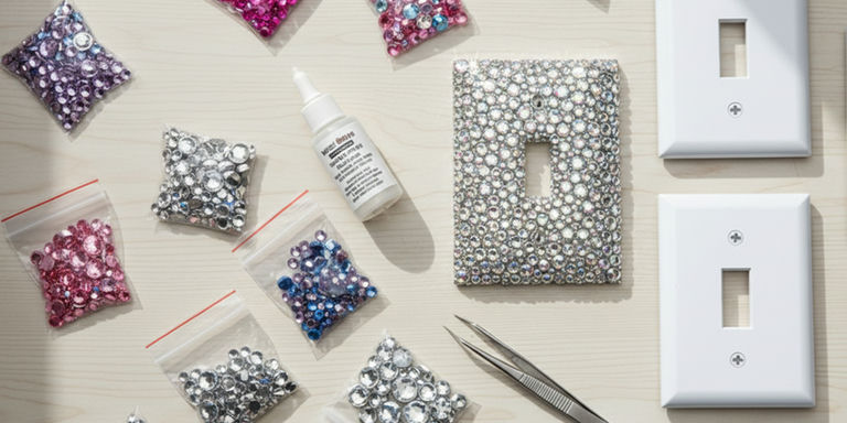 Rhinestones, glue, tweezers, and switch plates for a DIY jeweled cover