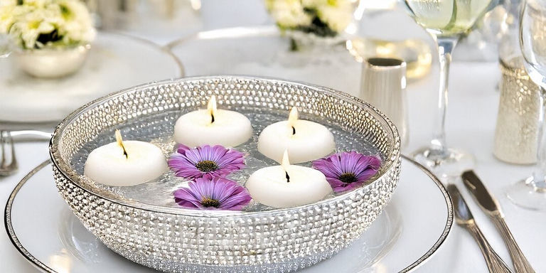 Elegante cuenco cubierto de pedrería con velas flotantes y flores moradas en una mesa de evento formal