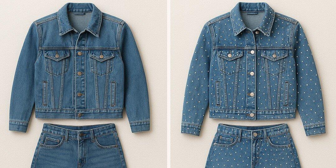 Una&amp;&#x23;x20&#x3B;comparaci&amp;&#x23;xF3&#x3B;n&amp;&#x23;x20&#x3B;antes&amp;&#x23;x20&#x3B;y&amp;&#x23;x20&#x3B;despu&amp;&#x23;xE9&#x3B;s&amp;&#x23;x20&#x3B;que&amp;&#x23;x20&#x3B;muestra&amp;&#x23;x20&#x3B;una&amp;&#x23;x20&#x3B;transformaci&amp;&#x23;xF3&#x3B;n&amp;&#x23;x20&#x3B;de&amp;&#x23;x20&#x3B;chaqueta&amp;&#x23;x20&#x3B;y&amp;&#x23;x20&#x3B;pantalones&amp;&#x23;x20&#x3B;vaqueros.&amp;&#x23;x20&#x3B;A&amp;&#x23;x20&#x3B;la&amp;&#x23;x20&#x3B;izquierda&amp;&#x23;x20&#x3B;hay&amp;&#x23;x20&#x3B;un&amp;&#x23;x20&#x3B;conjunto&amp;&#x23;x20&#x3B;de&amp;&#x23;x20&#x3B;chaqueta&amp;&#x23;x20&#x3B;y&amp;&#x23;x20&#x3B;pantalones&amp;&#x23;x20&#x3B;vaqueros&amp;&#x23;x20&#x3B;de&amp;&#x23;x20&#x3B;mezclilla&amp;&#x23;x20&#x3B;azul&amp;&#x23;x20&#x3B;lisa,&amp;&#x23;x20&#x3B;y&amp;&#x23;x20&#x3B;a&amp;&#x23;x20&#x3B;la&amp;&#x23;x20&#x3B;derecha&amp;&#x23;x20&#x3B;est&amp;&#x23;xE1&#x3B;&amp;&#x23;x20&#x3B;el&amp;&#x23;x20&#x3B;mismo&amp;&#x23;x20&#x3B;conjunto&amp;&#x23;x20&#x3B;despu&amp;&#x23;xE9&#x3B;s&amp;&#x23;x20&#x3B;de&amp;&#x23;x20&#x3B;ser&amp;&#x23;x20&#x3B;adornado&amp;&#x23;x20&#x3B;con&amp;&#x23;x20&#x3B;peque&amp;&#x23;xF1&#x3B;os&amp;&#x23;x20&#x3B;rhinestones&amp;&#x23;x20&#x3B;plateados&amp;&#x23;x20&#x3B;dispersos&amp;&#x23;x20&#x3B;por&amp;&#x23;x20&#x3B;toda&amp;&#x23;x20&#x3B;la&amp;&#x23;x20&#x3B;superficie,&amp;&#x23;x20&#x3B;creando&amp;&#x23;x20&#x3B;un&amp;&#x23;x20&#x3B;efecto&amp;&#x23;x20&#x3B;brillante&amp;&#x23;x20&#x3B;y&amp;&#x23;x20&#x3B;claveteado&amp;&#x23;x20&#x3B;tanto&amp;&#x23;x20&#x3B;en&amp;&#x23;x20&#x3B;la&amp;&#x23;x20&#x3B;chaqueta&amp;&#x23;x20&#x3B;como&amp;&#x23;x20&#x3B;en&amp;&#x23;x20&#x3B;los&amp;&#x23;x20&#x3B;pantalones.