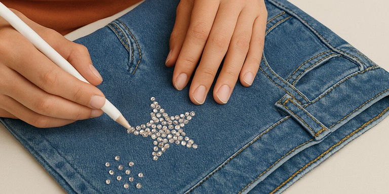 Hands using a white precision tool to apply small silver rhinestones in a star pattern onto blue denim jeans. One hand holds the applicator tool while the other steadies the denim fabric, with scattered rhinestones visible around the star design on the jean leg.