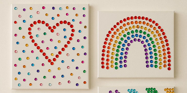 Dos lienzos de arte de diamantes de imitación completados mostrados uno al lado del otro. El lienzo izquierdo presenta una forma de corazón rojo hecha de diamantes de imitación rojos centrada en un lienzo blanco, rodeada de diamantes de imitación multicolores dispersos en varios tonos. El lienzo derecho muestra un diseño vibrante de arcoíris creado con diamantes de imitación dispuestos en franjas de arcoíris curvadas que progresan a través de los colores rojo, naranja, amarillo, verde, azul y morado. Pequeñas colecciones de diamantes de imitación ordenados son visibles en la esquina inferior derecha.