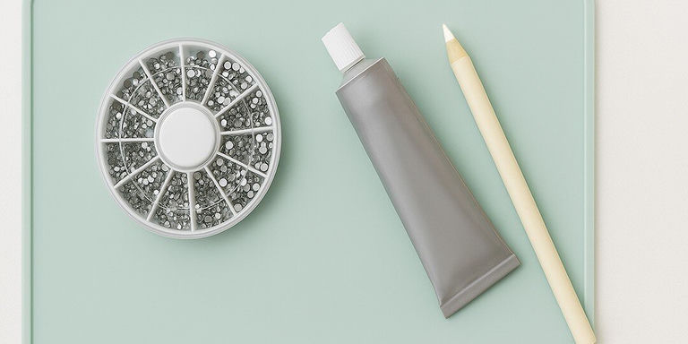 Craft supplies arranged on a mint green surface, including a circular plastic organizer wheel filled with silver rhinestones sorted into individual compartments, a gray tube of craft glue, and a rhinestone picking pencil for precision crafting work.