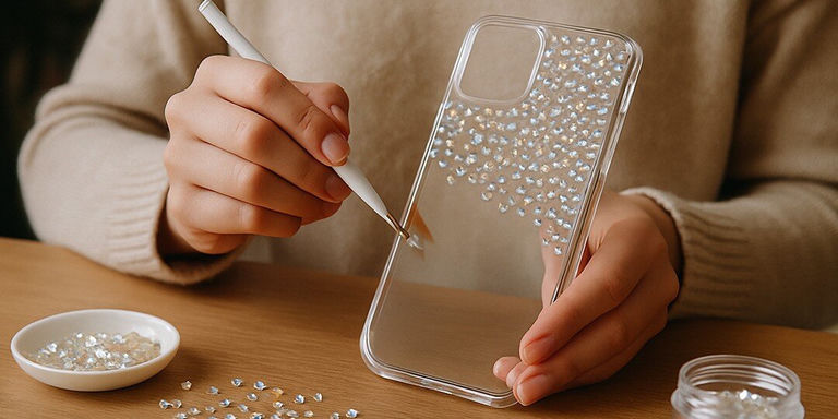 Mains décorant une coque de smartphone transparente avec de petits strass, utilisant un outil de précision blanc pour placer des perles individuelles. Une coque de téléphone transparente est tenue dans une main pendant qu