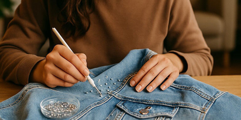 A person wearing a tan sweater sitting at a wooden table, customizing a denim jacket by adding small silver rhinestones using a white precision tool. A small glass dish containing additional rhinestones sits nearby, and the person is carefully placing embellishments onto the denim fabric.