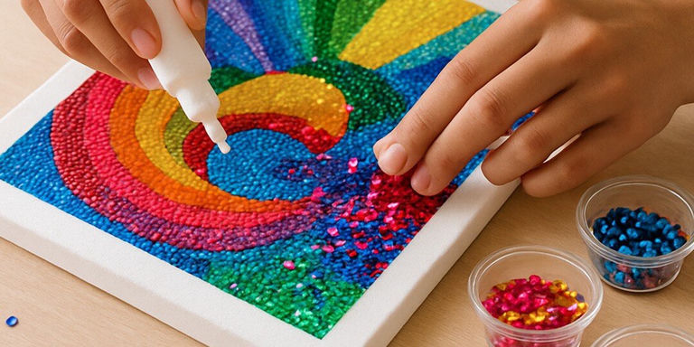 Manos trabajando en un proyecto de arte de arcoíris de diamantes de imitación a gran escala, usando una herramienta de aplicador de precisión blanca para colocar diamantes de imitación individuales en un lienzo. La obra de arte representa un arcoíris detallado con rayos de sol radiantes, creado con miles de pequeños diamantes de imitación coloridos en secuencia de arcoíris. Dos pequeños cuencos de vidrio que contienen diamantes de imitación ordenados en colores rojo/rosa y azul están cerca en la superficie de trabajo de madera.