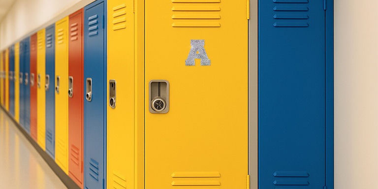 Casilleros escolares coloridos con decoración de letra A de estrás en casillero amarillo
