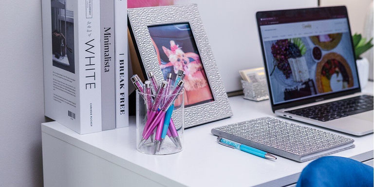 Silver rhinestone frame desk workspace glam