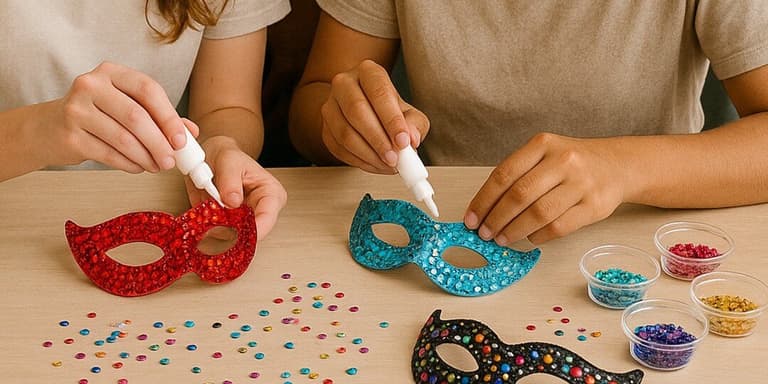 A hands-on crafting scene showing two people decorating masquerade masks with colorful beads. Red and turquoise eye masks are being embellished using white glue applicators, with small glass bowls containing sorted beads in red, turquoise, gold, and purple. Scattered colorful beads cover the wooden work surface, and a completed black mask decorated with multicolored dots is visible in the foreground.