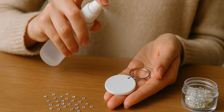 Manos trabajando en un proyecto de manualidades de llavero, con una mano sosteniendo una botella de spray blanca o aplicador de adhesivo y la otra sosteniendo un encanto de llavero circular blanco con un anillo de metal. Pequeñas piedras de estrás plateadas están esparcidas en la superficie de madera, y un frasco de vidrio que contiene piedras de estrás es visible en la esquina.