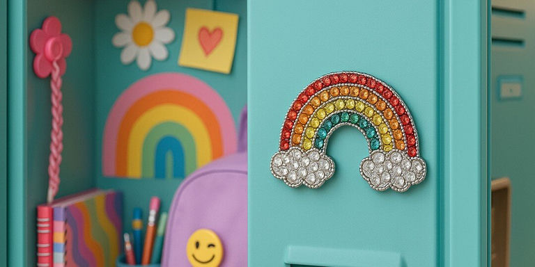 A colorful locker with turquoise walls displaying a sparkling rhinestone rainbow decoration with silver rhinestone clouds at each end. The background shows other cheerful wall decorations including a painted rainbow, a white daisy, a yellow square with a heart, and shelves containing craft supplies, books, and toys.