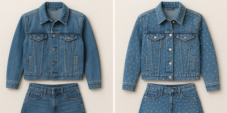 A before-and-after comparison showing a denim jacket and jeans transformation. On the left is a plain blue denim jacket and jeans set, and on the right is the same outfit after being embellished with small silver rhinestones scattered across the entire surface, creating a sparkling, studded effect on both the jacket and jeans.