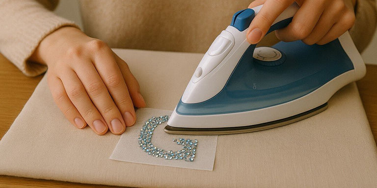 Hands&amp;&#x23;x20&#x3B;using&amp;&#x23;x20&#x3B;a&amp;&#x23;x20&#x3B;blue&amp;&#x23;x20&#x3B;and&amp;&#x23;x20&#x3B;white&amp;&#x23;x20&#x3B;steam&amp;&#x23;x20&#x3B;iron&amp;&#x23;x20&#x3B;to&amp;&#x23;x20&#x3B;heat-set&amp;&#x23;x20&#x3B;a&amp;&#x23;x20&#x3B;small&amp;&#x23;x20&#x3B;beaded&amp;&#x23;x20&#x3B;heart&amp;&#x23;x20&#x3B;design&amp;&#x23;x20&#x3B;on&amp;&#x23;x20&#x3B;light-colored&amp;&#x23;x20&#x3B;fabric.&amp;&#x23;x20&#x3B;One&amp;&#x23;x20&#x3B;hand&amp;&#x23;x20&#x3B;guides&amp;&#x23;x20&#x3B;the&amp;&#x23;x20&#x3B;iron&amp;&#x23;x20&#x3B;while&amp;&#x23;x20&#x3B;the&amp;&#x23;x20&#x3B;other&amp;&#x23;x20&#x3B;hand&amp;&#x23;x20&#x3B;steadies&amp;&#x23;x20&#x3B;the&amp;&#x23;x20&#x3B;fabric&amp;&#x23;x20&#x3B;near&amp;&#x23;x20&#x3B;the&amp;&#x23;x20&#x3B;rhinestone&amp;&#x23;x20&#x3B;embellishment&amp;&#x23;x20&#x3B;during&amp;&#x23;x20&#x3B;the&amp;&#x23;x20&#x3B;application&amp;&#x23;x20&#x3B;process.