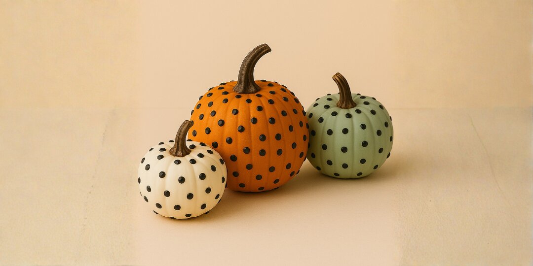 Three&amp;&#x23;x20&#x3B;decorative&amp;&#x23;x20&#x3B;pumpkins&amp;&#x23;x20&#x3B;with&amp;&#x23;x20&#x3B;black&amp;&#x23;x20&#x3B;polka&amp;&#x23;x20&#x3B;dot&amp;&#x23;x20&#x3B;patterns&amp;&#x23;x20&#x3B;in&amp;&#x23;x20&#x3B;white,&amp;&#x23;x20&#x3B;orange,&amp;&#x23;x20&#x3B;and&amp;&#x23;x20&#x3B;sage&amp;&#x23;x20&#x3B;green&amp;&#x23;x20&#x3B;arranged&amp;&#x23;x20&#x3B;on&amp;&#x23;x20&#x3B;beige&amp;&#x23;x20&#x3B;surface