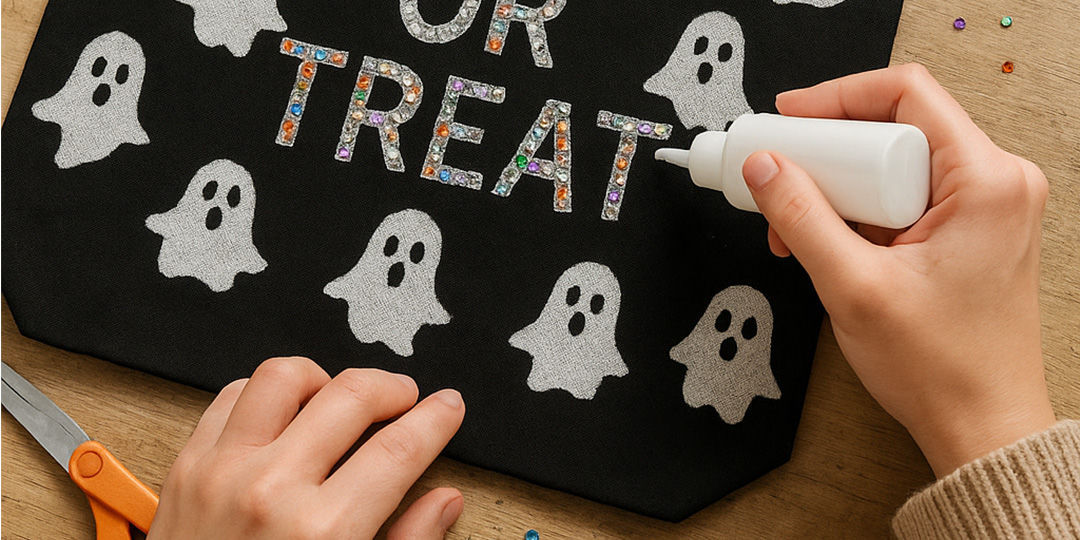 Mains&amp;&#x23;x20&#x3B;appliquant&amp;&#x23;x20&#x3B;des&amp;&#x23;x20&#x3B;strass&amp;&#x23;x20&#x3B;color&amp;&#x23;xE9&#x3B;s&amp;&#x23;x20&#x3B;pour&amp;&#x23;x20&#x3B;&amp;&#x23;xE9&#x3B;crire&amp;&#x23;x20&#x3B;TREAT&amp;&#x23;x20&#x3B;sur&amp;&#x23;x20&#x3B;un&amp;&#x23;x20&#x3B;tote&amp;&#x23;x20&#x3B;bag&amp;&#x23;x20&#x3B;d&amp;&#x23;x2019&#x3B;Halloween&amp;&#x23;x20&#x3B;noir&amp;&#x23;x20&#x3B;avec&amp;&#x23;x20&#x3B;motifs&amp;&#x23;x20&#x3B;de&amp;&#x23;x20&#x3B;fant&amp;&#x23;xF4&#x3B;mes&amp;&#x23;x20&#x3B;&amp;&#x23;xE0&#x3B;&amp;&#x23;x20&#x3B;l&amp;&#x23;x2019&#x3B;aide&amp;&#x23;x20&#x3B;d&amp;&#x23;x2019&#x3B;un&amp;&#x23;x20&#x3B;flacon&amp;&#x23;x20&#x3B;de&amp;&#x23;x20&#x3B;colle&amp;&#x23;x20&#x3B;blanche