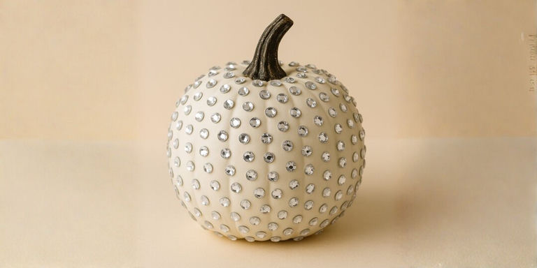 White decorative pumpkin covered entirely in silver rhinestone gems creating elegant sparkling texture on beige background