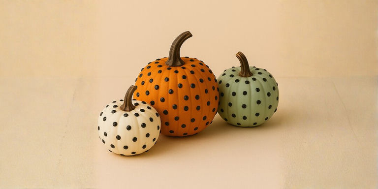 Three decorative pumpkins with black polka dot patterns in white, orange, and sage green arranged on beige surface