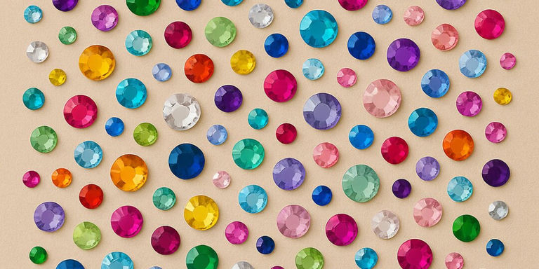 Colorful array of faceted rhinestone gems in rainbow colors including pink, blue, green, purple, and gold scattered on beige background