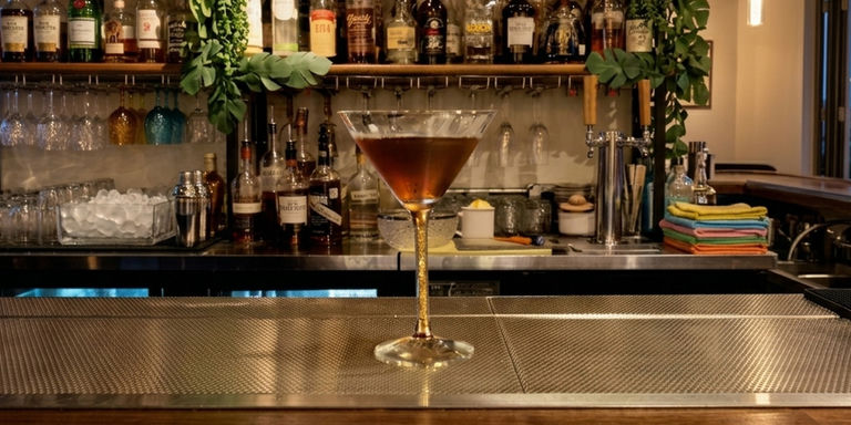 Classic Manhattan cocktail in crystal-filled stem martini glass with cherry garnish and candlelight